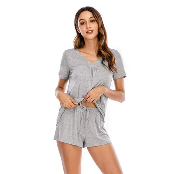 Mulheres Deve-ter a Roupa Pijama Homewear Top com decote em V+Shorts Senhoras de Lazer, de Manga Curta, Calça Curta, Dois Conjuntos de Atacado