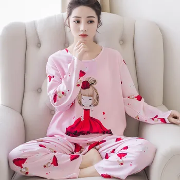 As mulheres do Pijama Primavera, Outono Novo desenho animado Impressão Casal de Pijama de Manga comprida t-Shirt, Calças de Terno Pijama Ladies Home Service