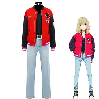 Cosplay Fantasia Anime MARAVILHA OVO PRIORIDADE Kawai Rika Uniforme Terno da Moda Vermelho, Jaqueta Jeans, Tops Correia de Acessórios