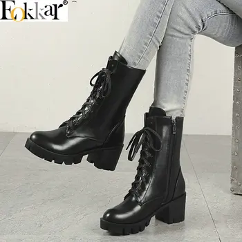 Eokkar 2019 Mulheres Ankle Boots Com Zíper Lace Praça Calcanhar Botas De Inverno De Calçados Femininos De Couro Pu Plataforma De Botas De Senhoras Tamanho 34-43