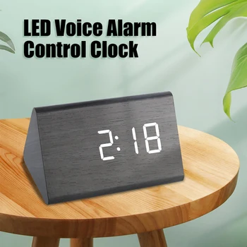 LED de Madeira Relógio Despertador Bateria/USB de Carregamento, Temperatura, Função Soneca Controle de Voz Digital Eletrônica Relógio Criativo