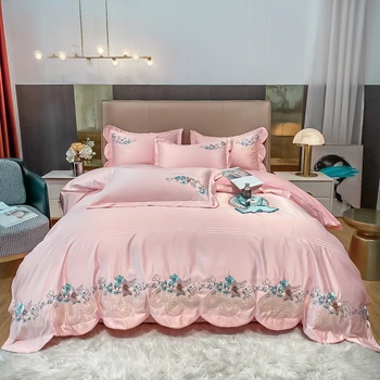 Luxo 3Pcs Elegante Rosa Bordado de Flores em Cetim de Algodão Liso Rainha, Rei Capa de Edredão Conjunto de Meninas Princesa roupa de cama Conjunto de roupa de Cama