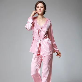 Seda Gelo Seda Mulheres Pijama Conjuntos de Primavera Funda Veste Calças compridas Terno de Três peças de Tamanho Grande Família Sono Tops Sleepwear