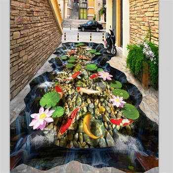 wellyu Personalizado piso adesivo de Carpa lotus fluxo de água de cachoeira 3D estereoscópico, pintura de piso de papéis de parede para sala de estar