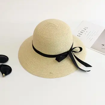 Chapéu de balde de Praia de Verão, Chapéus de Palha Para as Mulheres Plano Superior da Fita Bowknot Chapéus de Palha de Disquete Sol Bloco de Proteção de UV, Chapéu Bohemia E4N4
