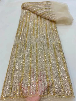 Alta Qualidade Nigeriano Africana Líquido de Malha de Tecido do Laço Miçangas Bordado de Lantejoulas francesa, Tule de Renda Para o Vestido de Casamento Festa de QF0021