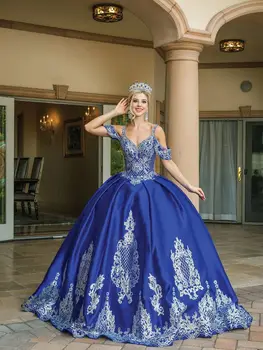 Azul Royal Vestidos De Quinceanera Laço Appliqued De Pescoço De V Princesa Bola Vestido De Festa De Formatura Vestir Sweet 16 Vestido