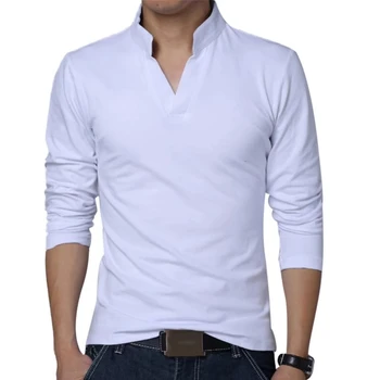 Man Long Sleeve T-Shirts de Cor Sólida Plus Size com Decote em V Camisas Respirável Ajuste Fino de Algodão T-Shirts