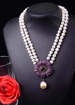 Roxo, verde, azul, grande daisy duplo pearl colar curto para meninas de moda, natural de pérola jóias 17-18
