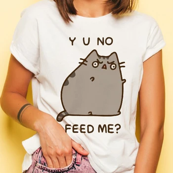 Engraçado Gato dos desenhos animados do Animal Print T-shirts Ladys Oversize Confortável Kawaii Superior Bonito Meow Gato Mulheres T-Shirt Frete Grátis