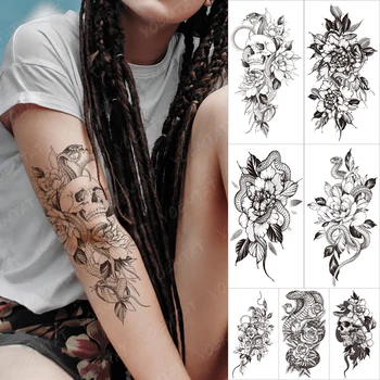 Impermeável Temporária de Manga tatooo Adesivos de Jasmim Esqueleto de Cobra Folha Transferíveis Fake tattoos da Arte do Corpo tatoo Homem, Mulher Preto