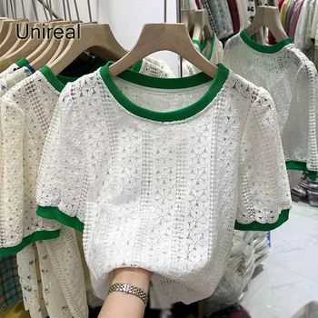 Unireal 2022 Verão as Mulheres de Renda de T-shirt Manga Curta Ocos Vintage Verde Branco T-Shirt Tops
