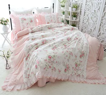 Pastoral floral cor-de-rosa branca conjunto de roupa de cama,de algodão twin completo, rainha, rei,único, duplo, têxteis lar fronha de capa de edredão de cama de saia