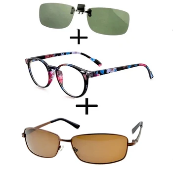 3Pcs!!! Retro Luz Redonda de Óculos de Leitura para Homens Mulheres + Óculos de sol Polarizados Liga de Luxo Perna Fina + Óculos de sol Clip