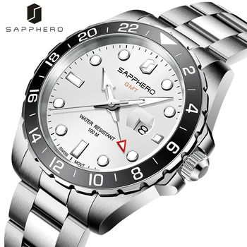 SAPPHERO Homens GMT Relógio de Aço Inoxidável Movimento de Quartzo Suíço relógio de Pulso 100m Impermeável Data de Negócios Relógio de Presente de Luxo para Homens