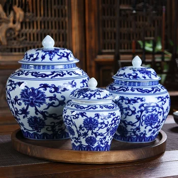 Retro Cerâmica Hermético Jarra Azul e a Branca da Porcelana do Chá Caixa de Família Simples Underglaze Cor Artesanato Enfeites