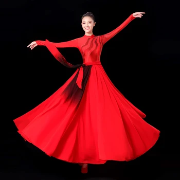 X001 Mulheres de Vestido Longo de Dança Clássica, Elegante Desempenho de Roupa Vermelha Chama Dança Vestido de Mulher Dança Casual, Vestido Longo