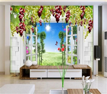 Decorativos, papel de parede 3D de uva janela do fundo da cena, pintura de parede