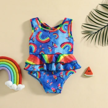 Verão Novo Estilo 1-4T Crianças Meninas Casual Azul Bikini Swimwear dos desenhos animados do arco-íris Borboleta de Impressão sem Mangas Plissado Macacão