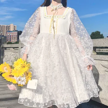 Novo Japonês Praça de Colarinho Cintura Alta Slim Manga Longa de Malha Vestido de fada vestido de festa de chá lolita vestido de lolita doce boneca