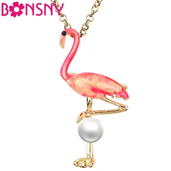 Bonsny Esmalte Da Liga De Pérola Flamingo Pássaro Cadeia De Colar Gargantilha Liga Pingente Novidade Jóias Para Mulheres, Meninas, Senhoras Acessórios